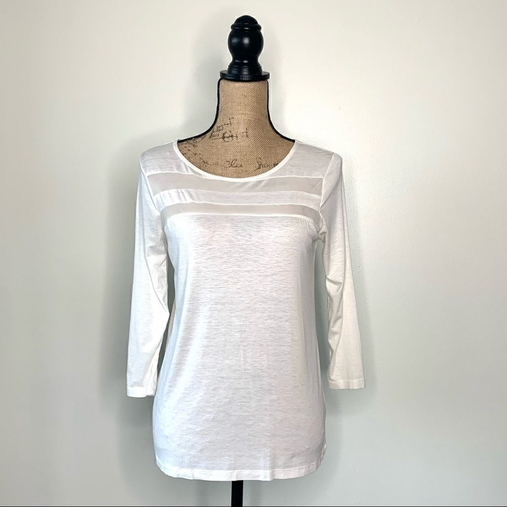 Ann Taylor Off White Sheer Stripe 3/4 Sleeve Tee